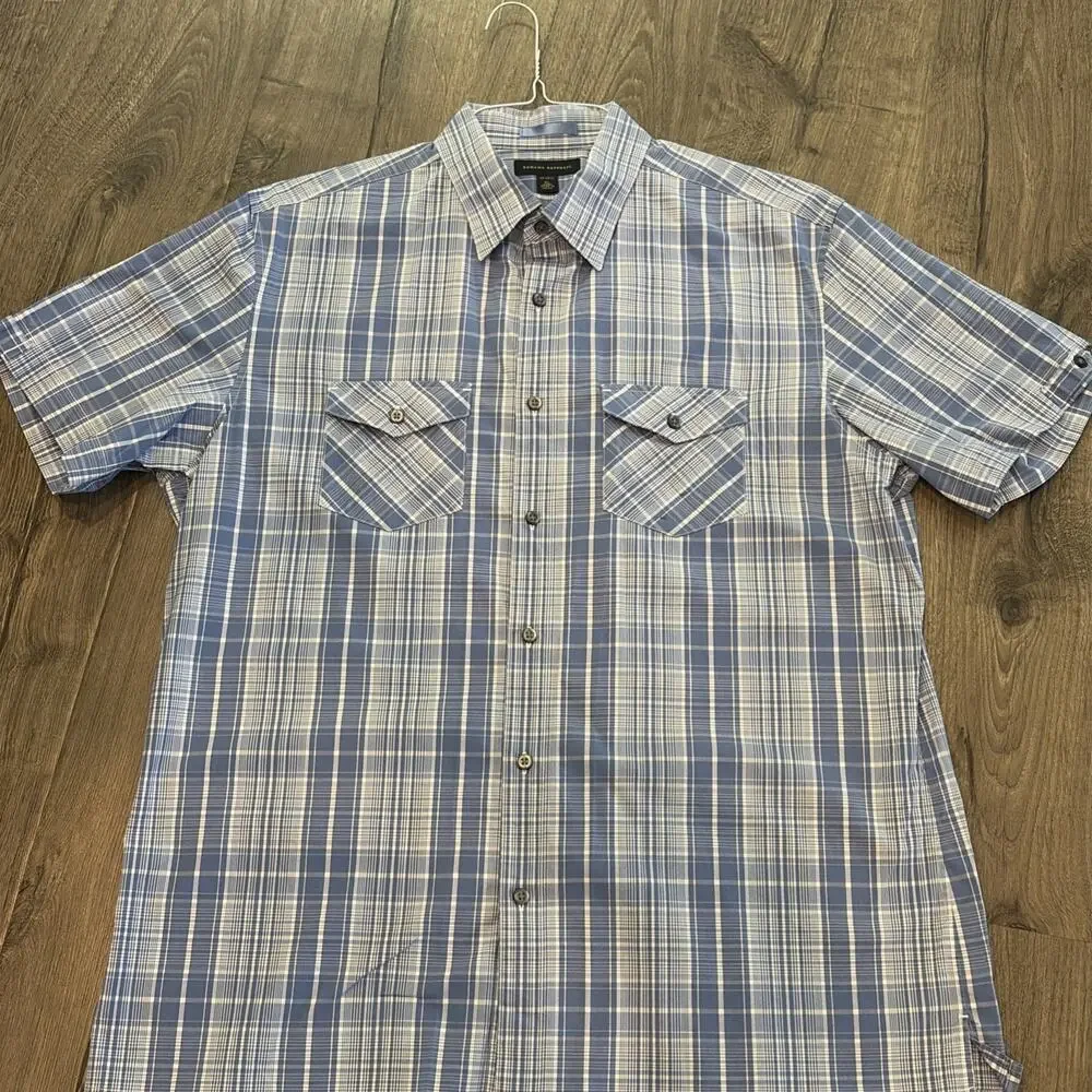 Banana Republic Men's XL Shirt Blue Plaid Button Down Short Sleeve 17-17.5